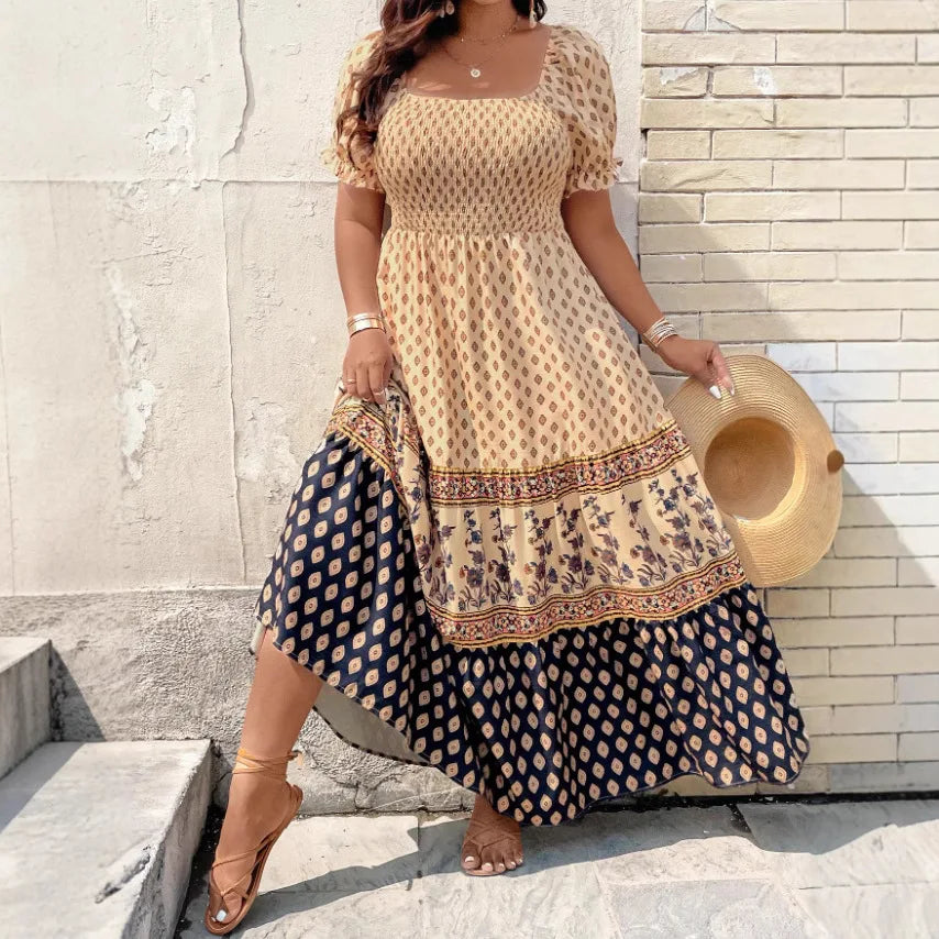 Women Floral Print Smocked Short Sleeve Boho Sundress Polyester Dress