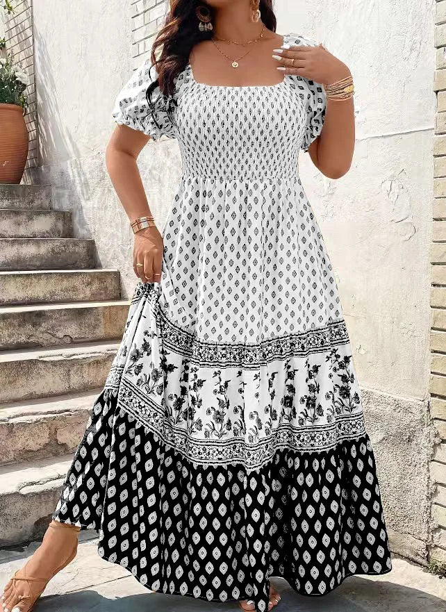 Women Floral Print Smocked Short Sleeve Boho Sundress Polyester Dress