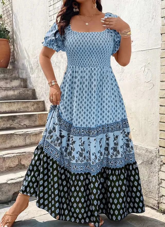 Women Floral Print Smocked Short Sleeve Boho Sundress Polyester Dress