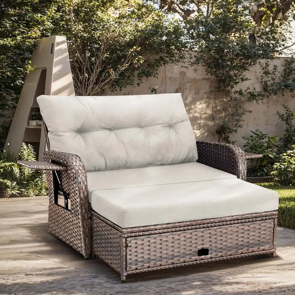 Outdoor Patio Daybed With Dual Reclining Seats And Side Trays