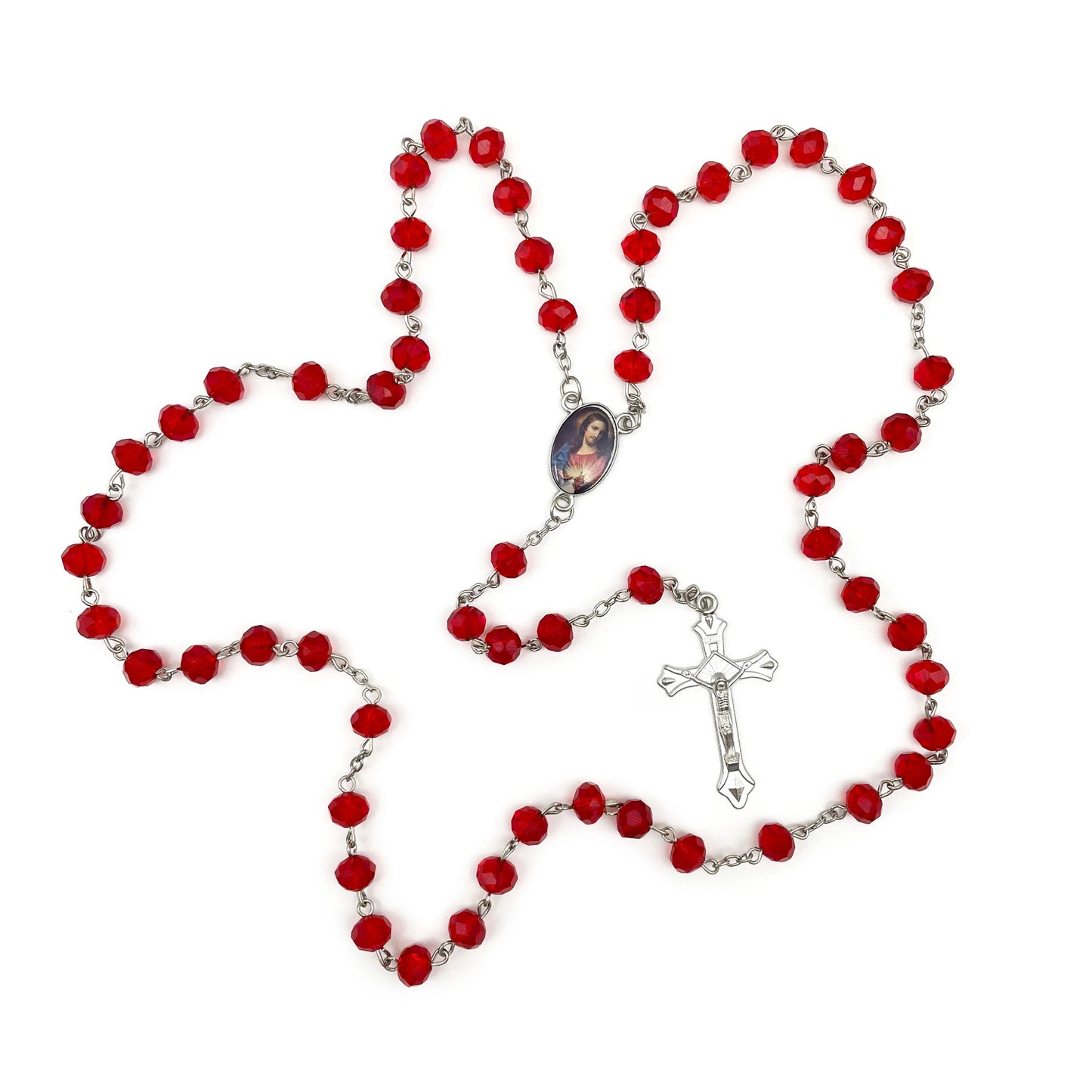 Crystal Catholic Rosary Necklace Sacred Heart Prayer Pendant Set