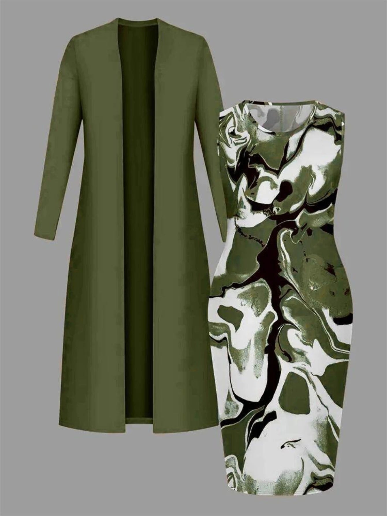 Womens Two Piece Open Front Cardigan And Marble Dress Set