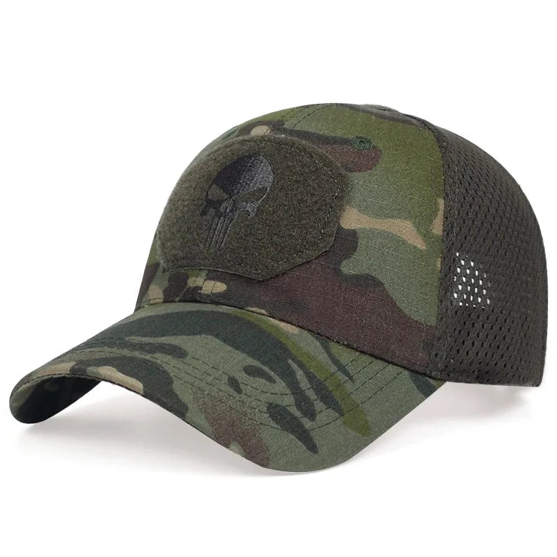 Adjustable Camouflage Mesh Baseball Cap With Skull Patch And Strap