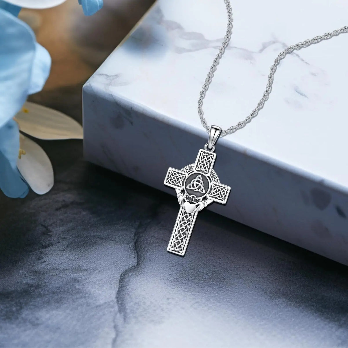 DRINSPER Sterling Silver Celtic Cross Evil Eye Trinity Knot Necklace