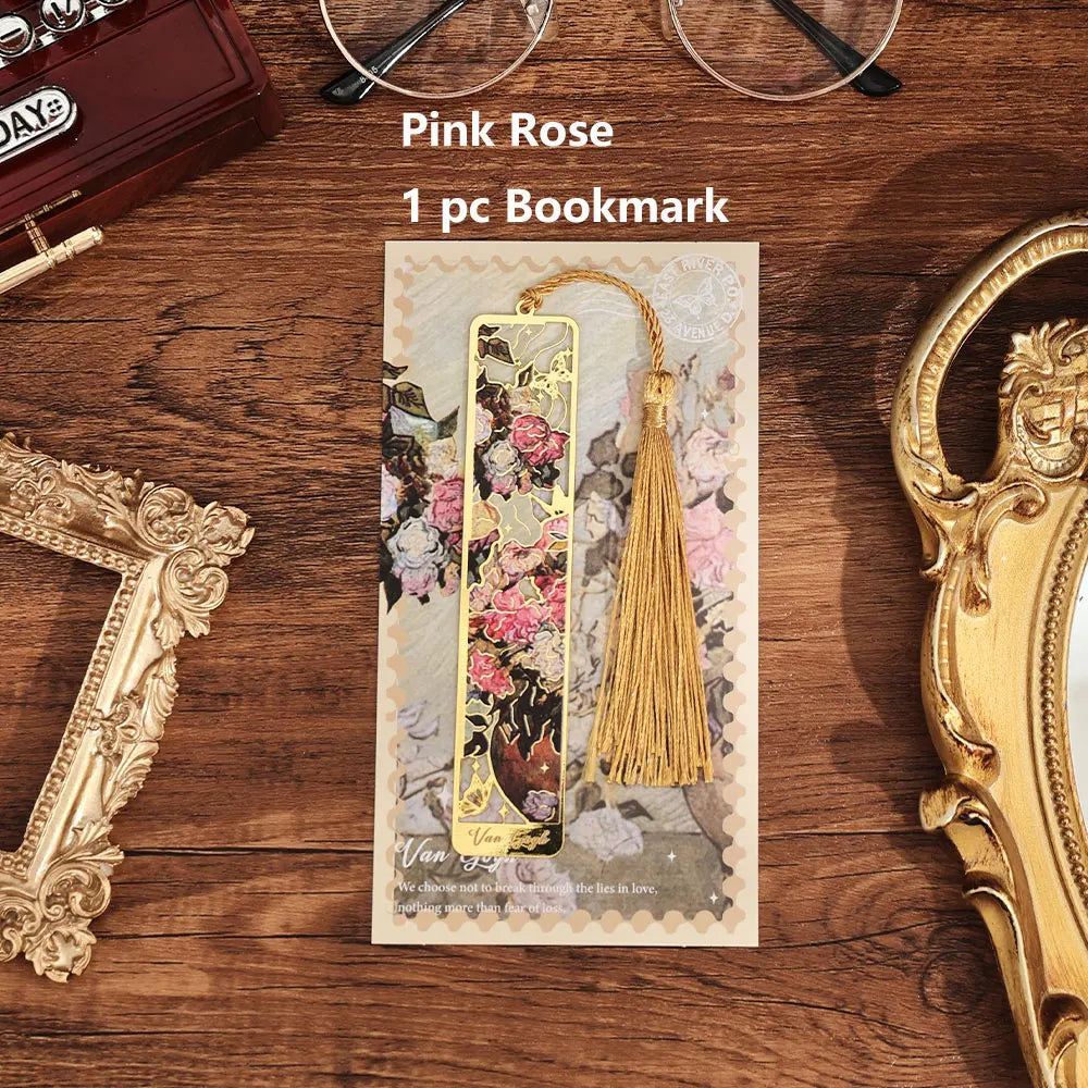 Retro Hollow Metal Bookmark Featuring Floral Painting And Tassel