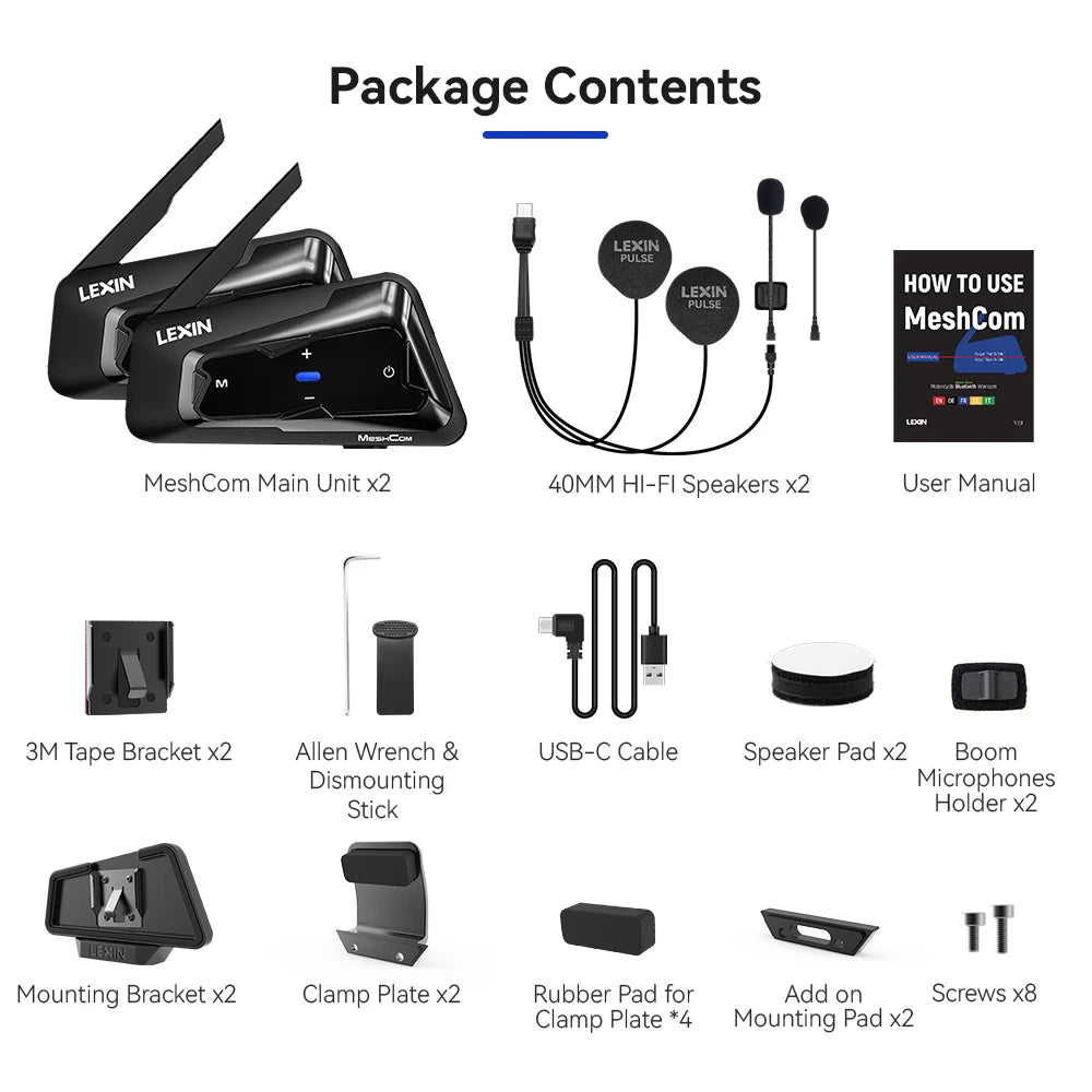 Lexin MeshCom Motorcycle Bluetooth Intercom Headset for 24 Riders