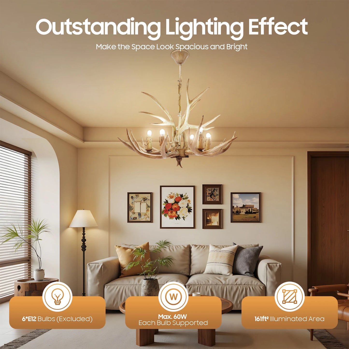 Retro Deer Antler Wood And Resin Six Light Ceiling Lamp