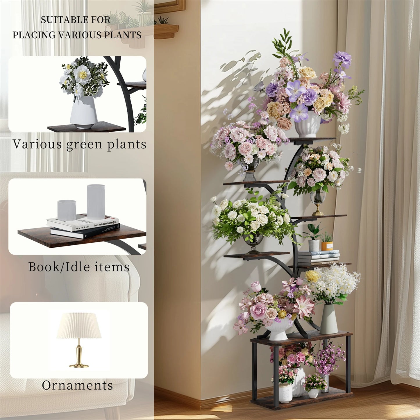 Tree Shaped Multitier Metal Wood Plant Display Stand With Lighting