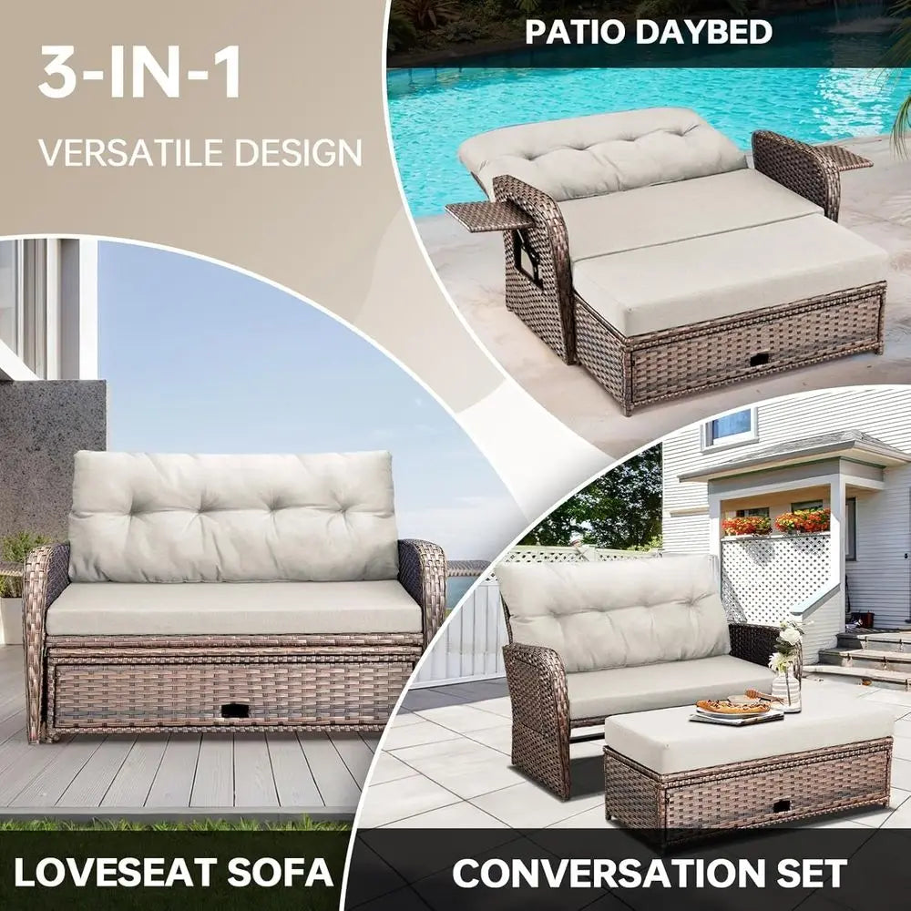 Outdoor Patio Daybed With Dual Reclining Seats And Side Trays