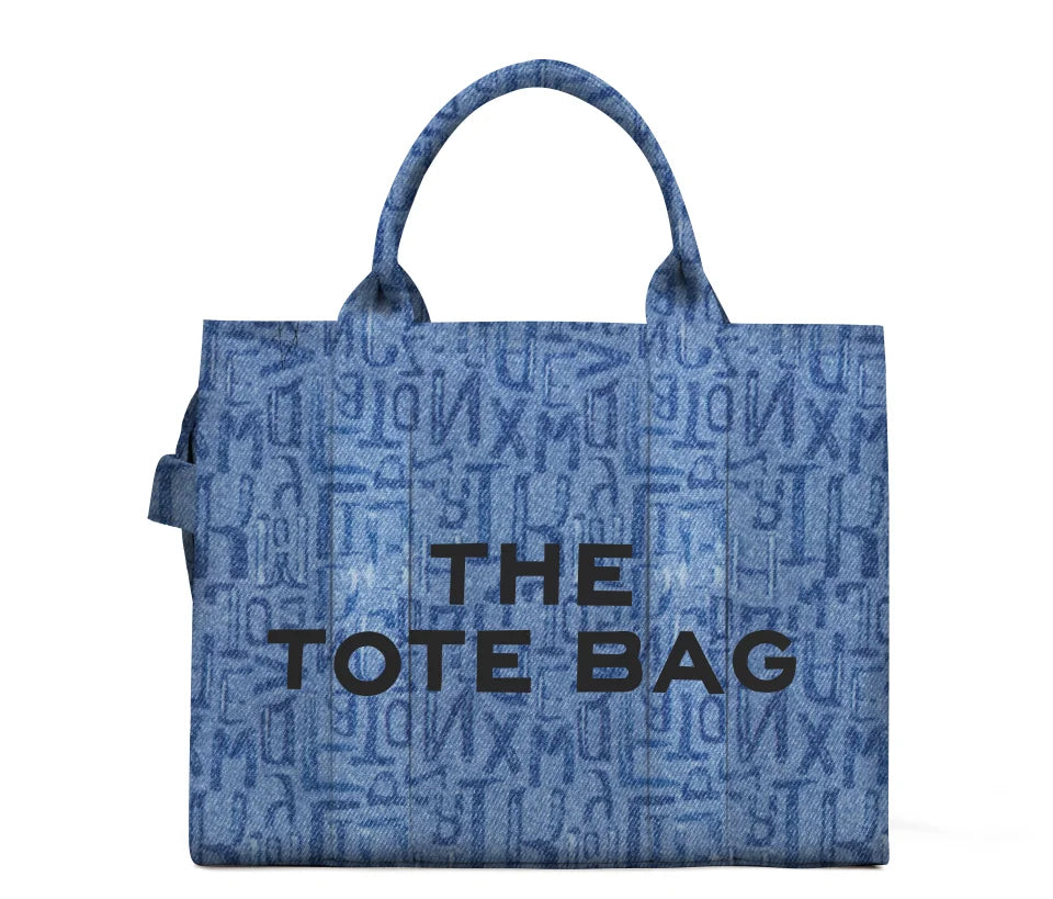 Denim Canvas Tote Bag With Zipper And Multiple Interior Pockets