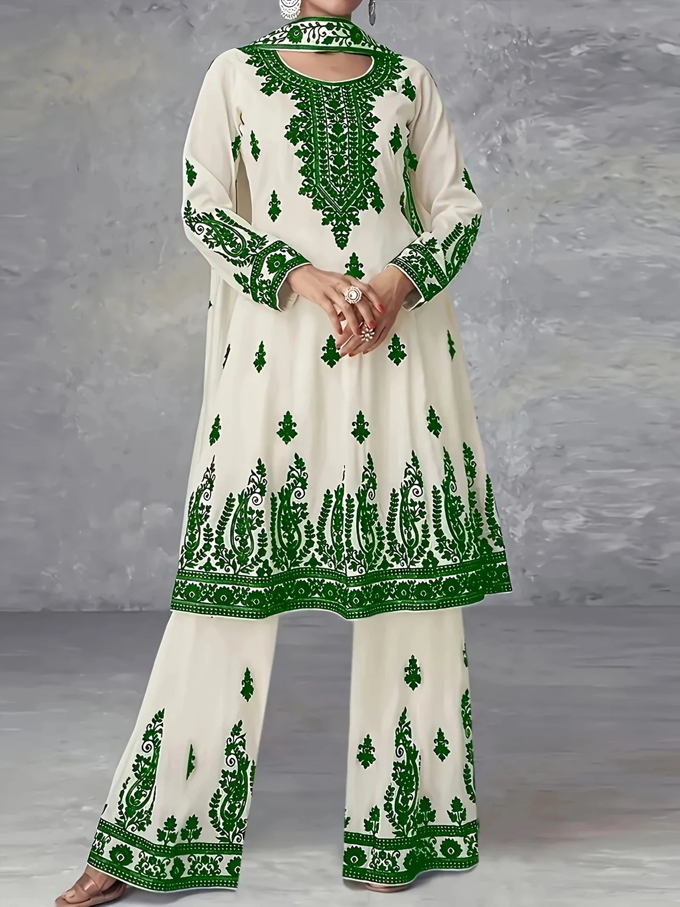 Women's Casual Polyester Ethnic Top Pants And Scarf Set
