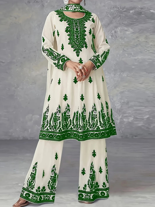 Women's Casual Polyester Ethnic Top Pants And Scarf Set