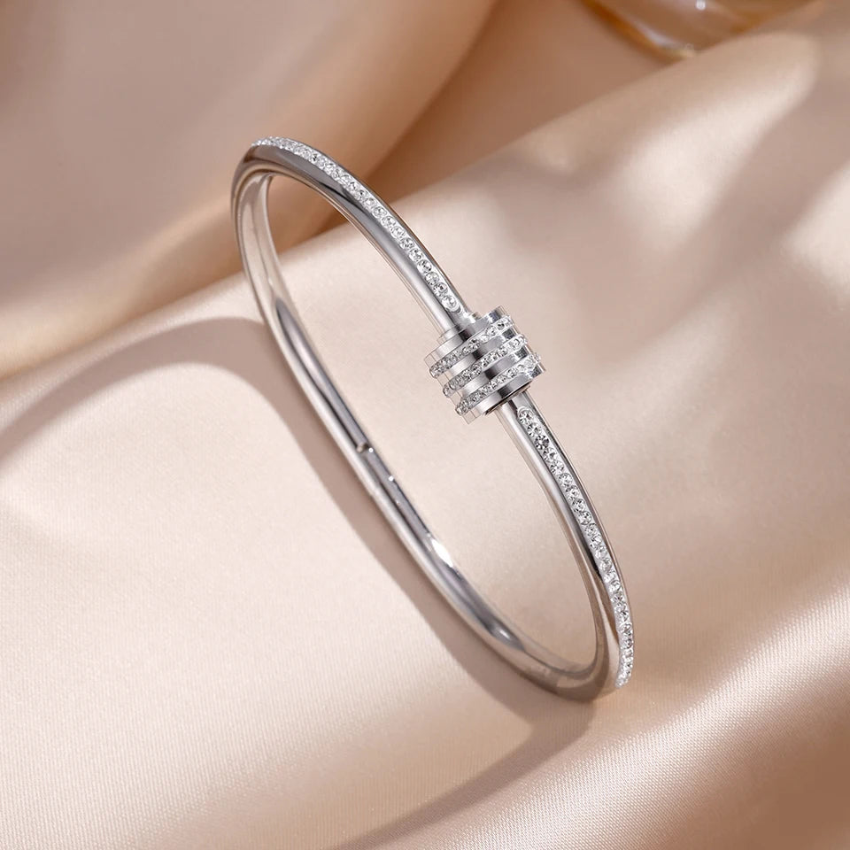 Sparkling Zirconia Stainless Steel Stackable Bracelet Set For Women