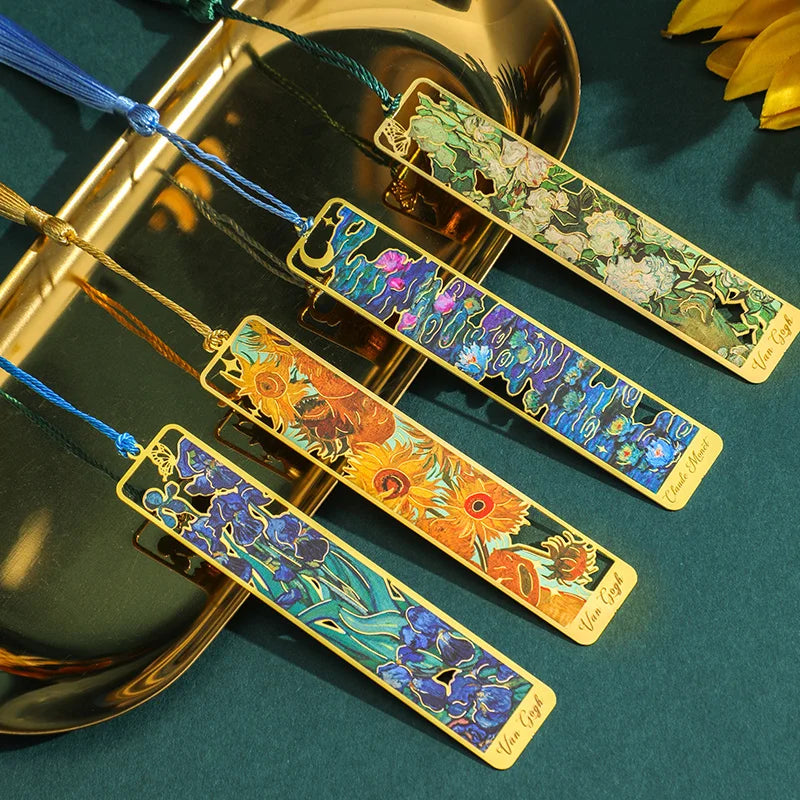 Retro Hollow Metal Bookmark Featuring Floral Painting And Tassel