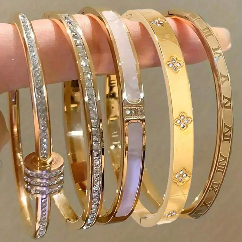 Sparkling Zirconia Stainless Steel Stackable Bracelet Set For Women