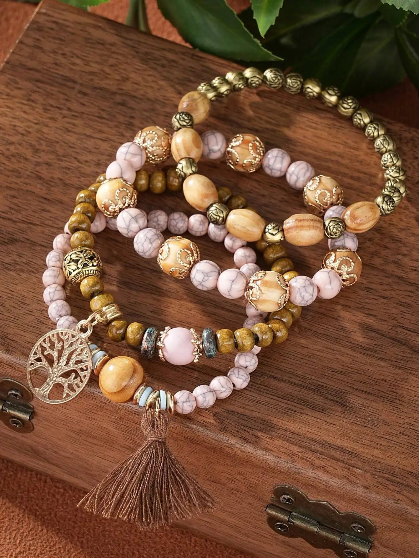 Boho Life Tree Tassel Pendant Multi Layer Wooden Beads Bracelet
