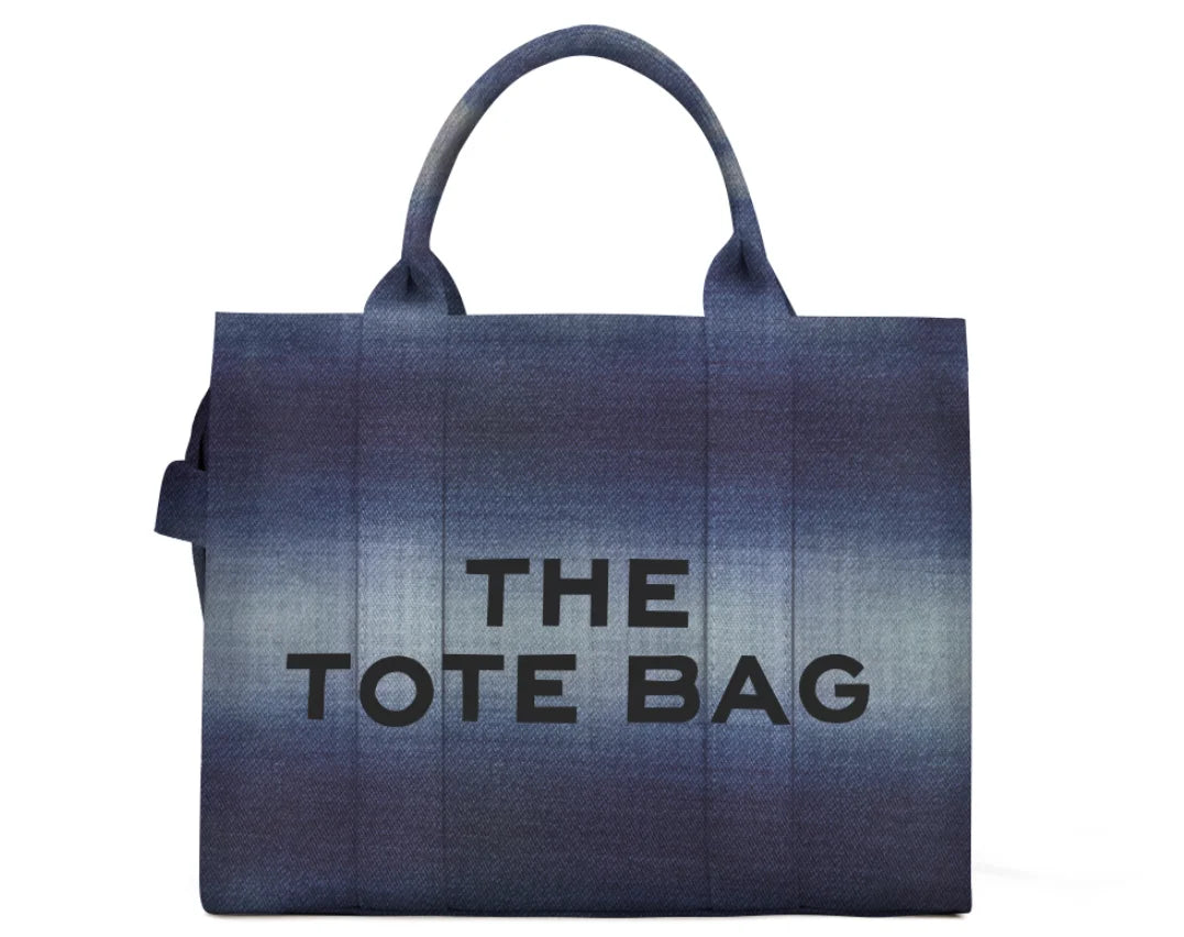 Denim Canvas Tote Bag With Zipper And Multiple Interior Pockets