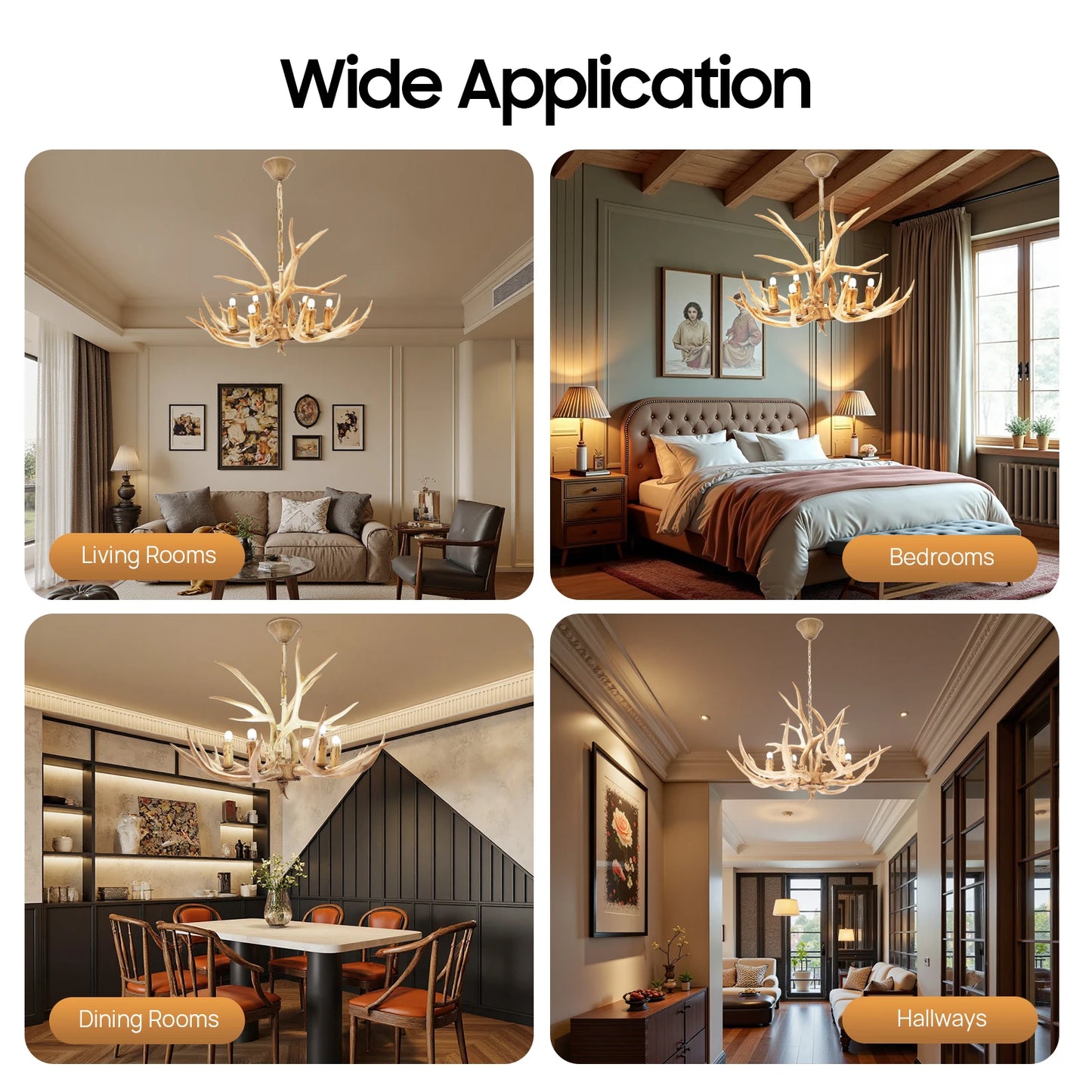 Retro Deer Antler Wood And Resin Six Light Ceiling Lamp