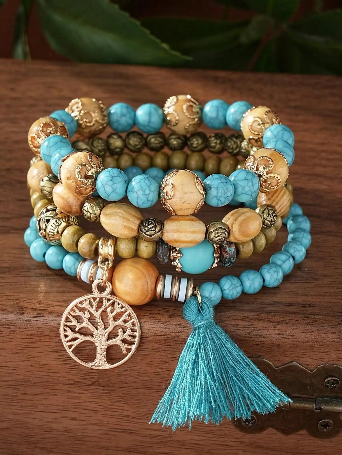 Boho Life Tree Tassel Pendant Multi Layer Wooden Beads Bracelet