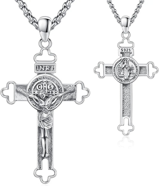 DRINSPER Saint Benedict 925 Sterling Silver Crucifix Protection Necklace