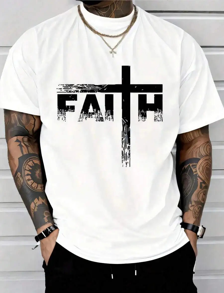 Men's Faith Cross Print Cotton Crew Neck Casual Tshirt