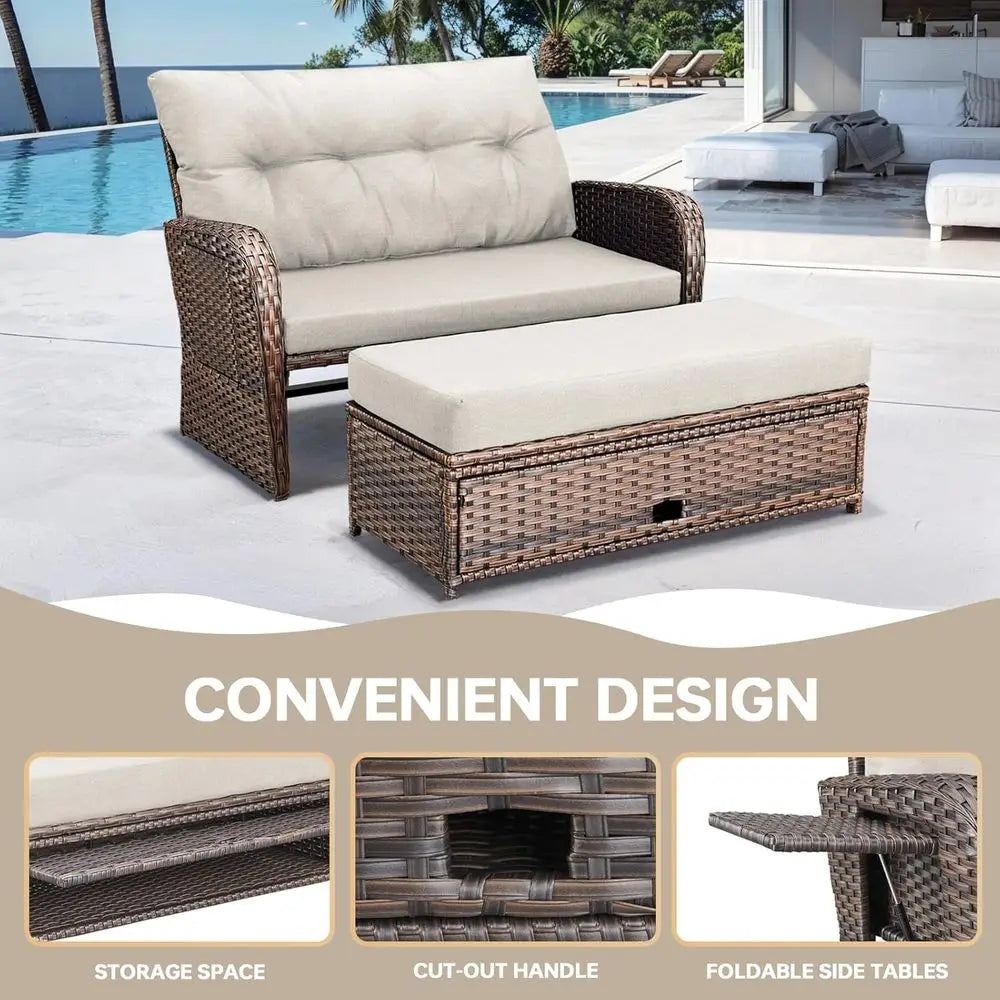 Outdoor Patio Daybed With Dual Reclining Seats And Side Trays