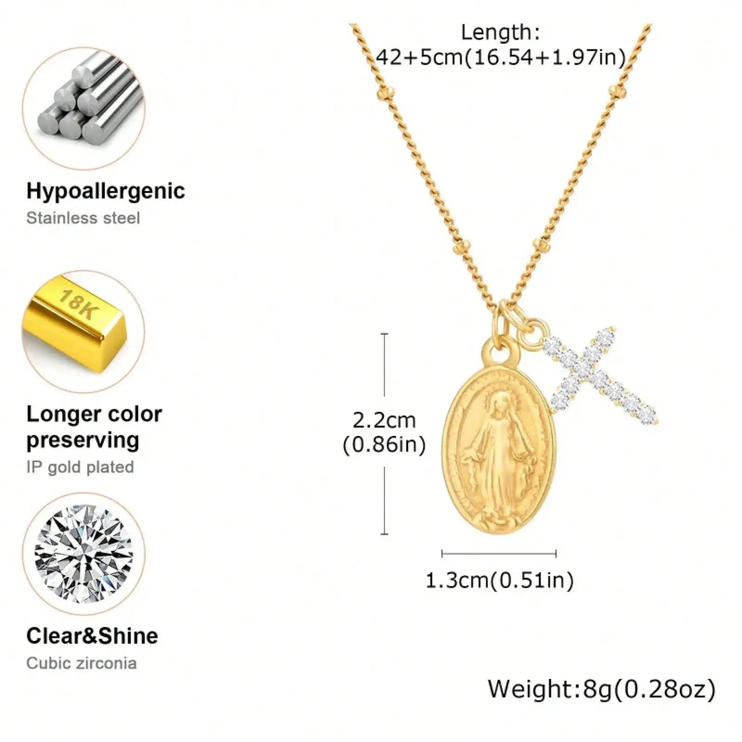 Virgin Mary Cross Pendant Necklace With Gold Plated Steel Chain