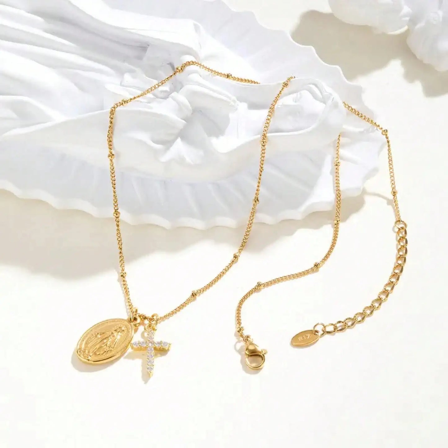 Virgin Mary Cross Pendant Necklace With Gold Plated Steel Chain