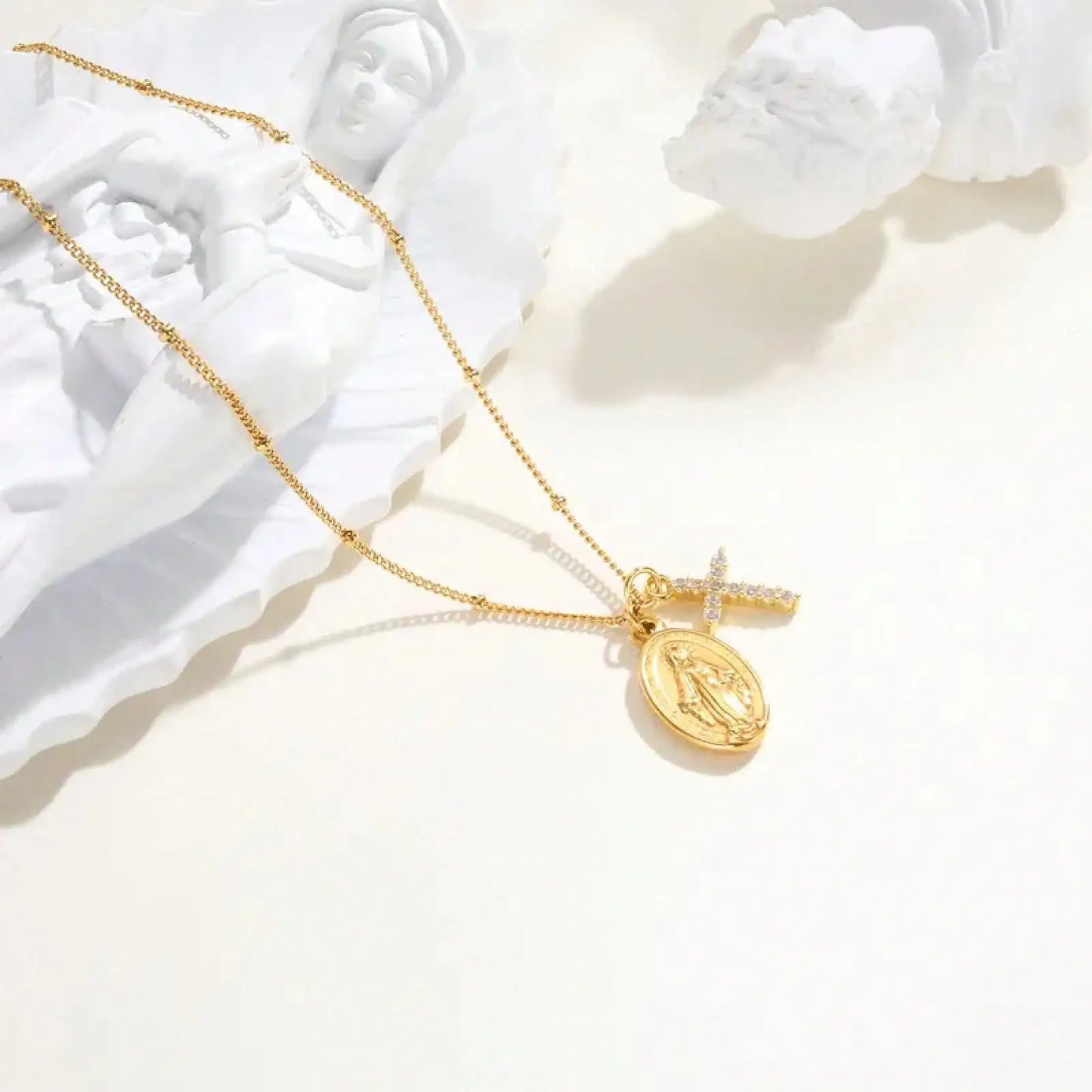 Virgin Mary Cross Pendant Necklace With Gold Plated Steel Chain