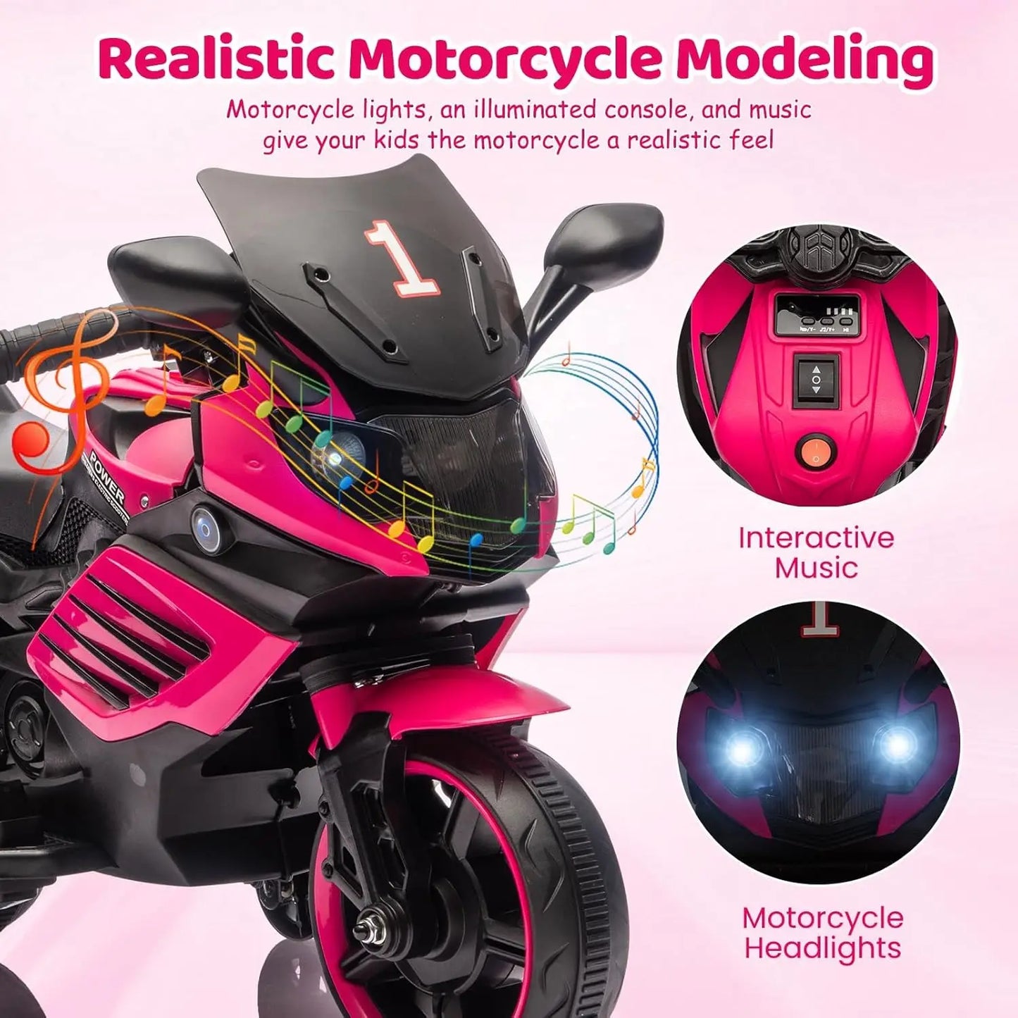 HiMISS Electric Kids Motorcycle With Training Wheels And Headlight