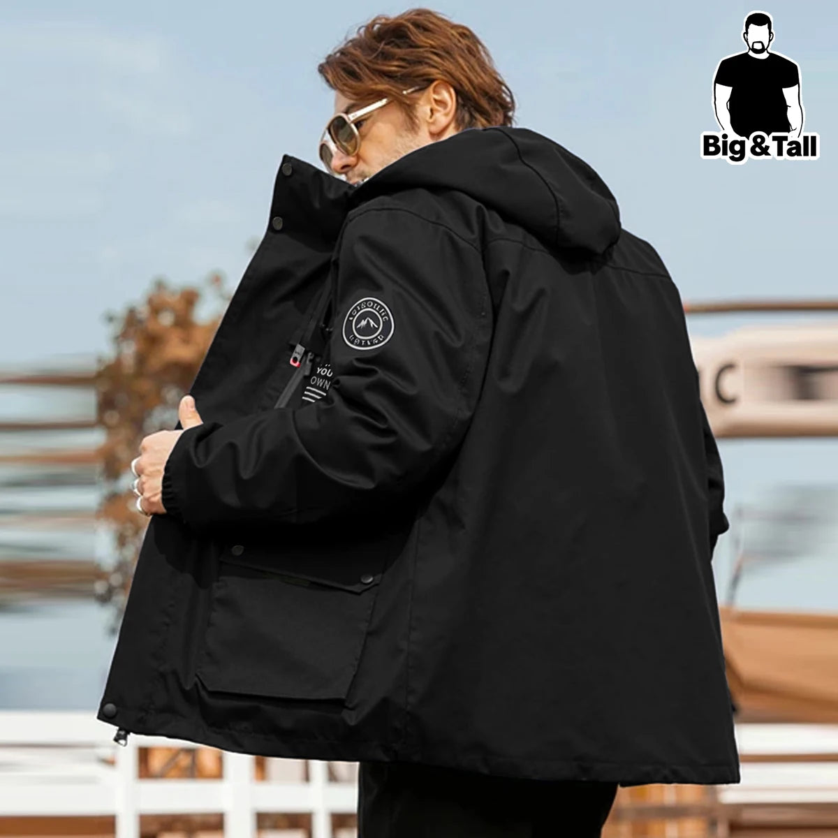 Mens Hooded Multi Pocket Windbreaker Jacket for Outdoor Workwear