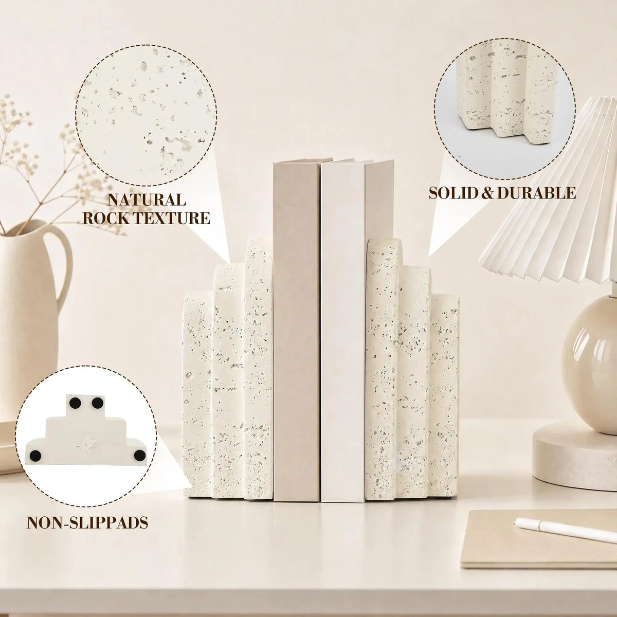 Decorative Faux Travertine Resin Bookends for Shelves and Desks