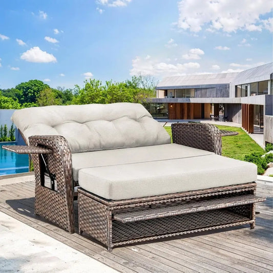 Outdoor Patio Daybed With Dual Reclining Seats And Side Trays