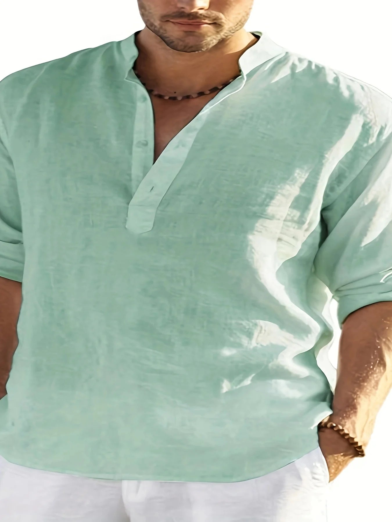 Mens Cotton Linen Long Sleeve Relaxed Casual Stand Collar Shirt