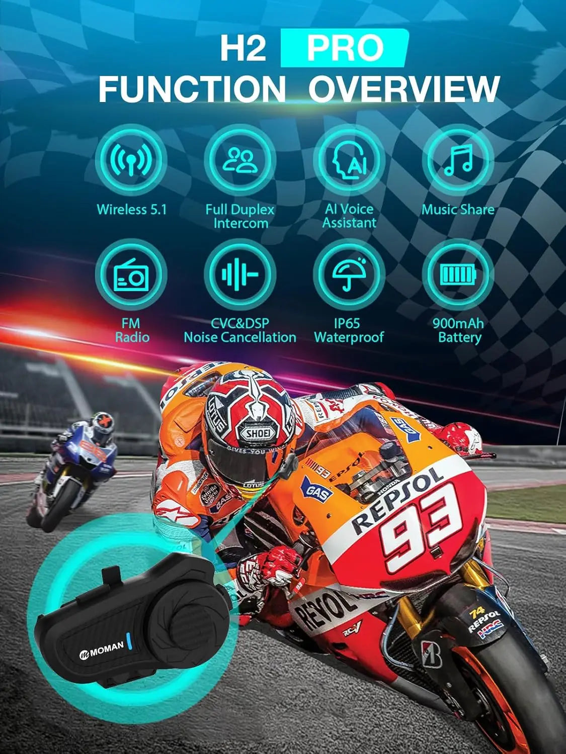 Synco H2PRO Motorcycle Helmet Wireless Intercom Headset For Riders