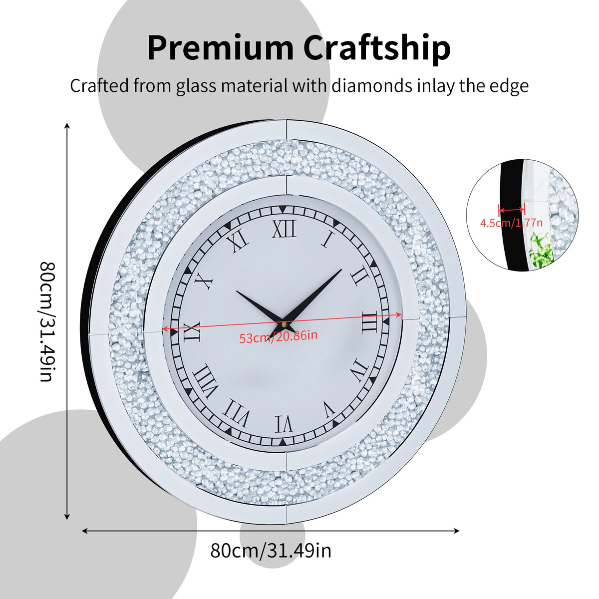 Crystal Sparkle Mirrored Round Wall Clock With Decorative Design