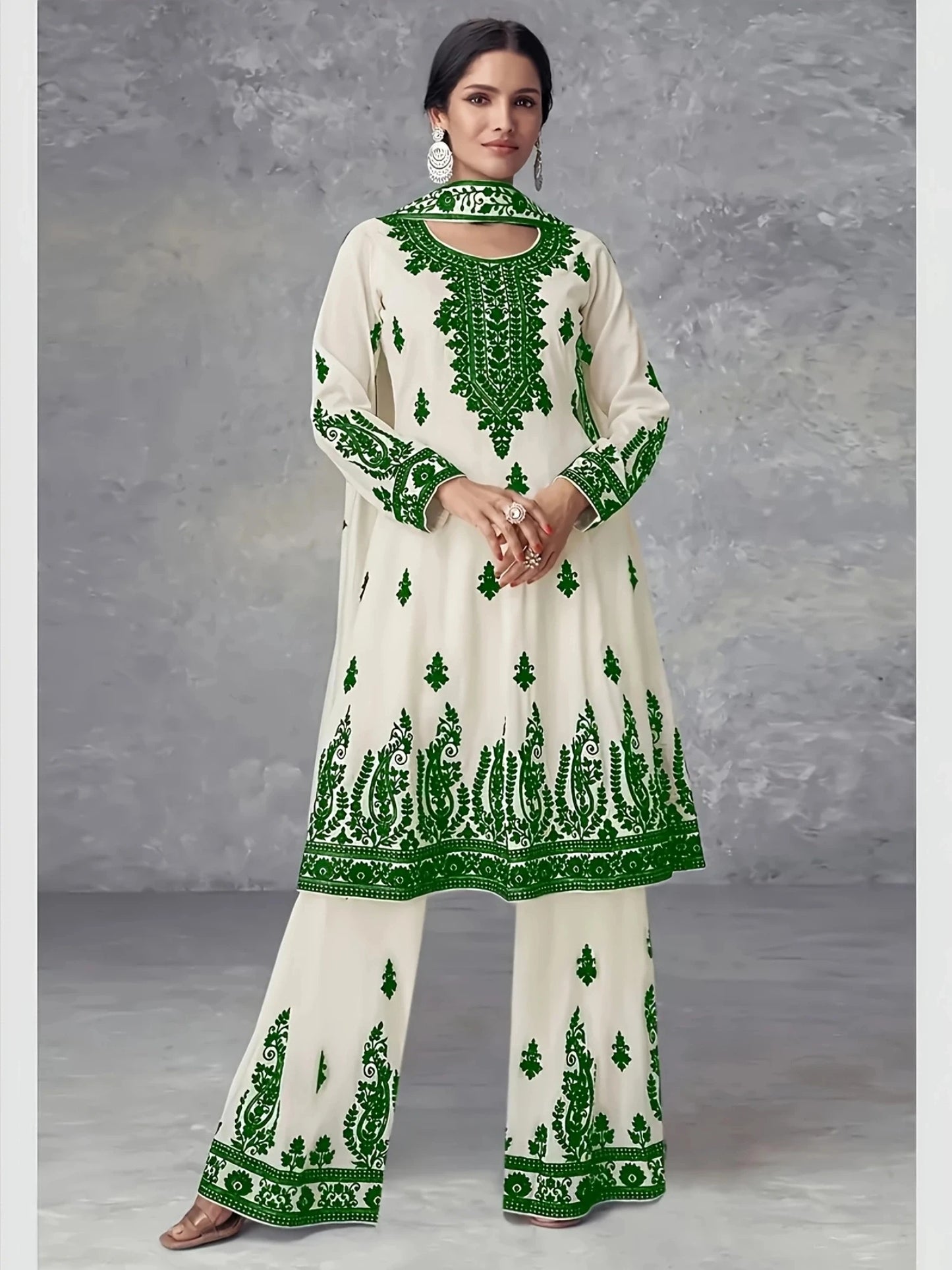 Women's Casual Polyester Ethnic Top Pants And Scarf Set