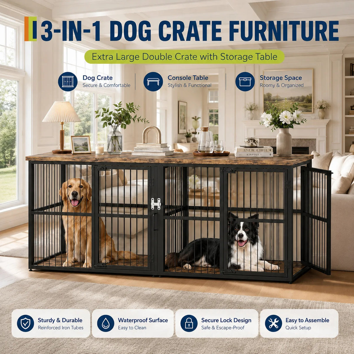 Double Dog Crate Furniture Cabinet With Divider And Storage Top