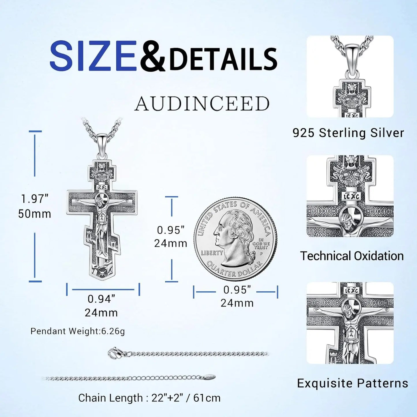 Drinsper Orthodox Cross Necklace 925 Sterling Silver Pendant