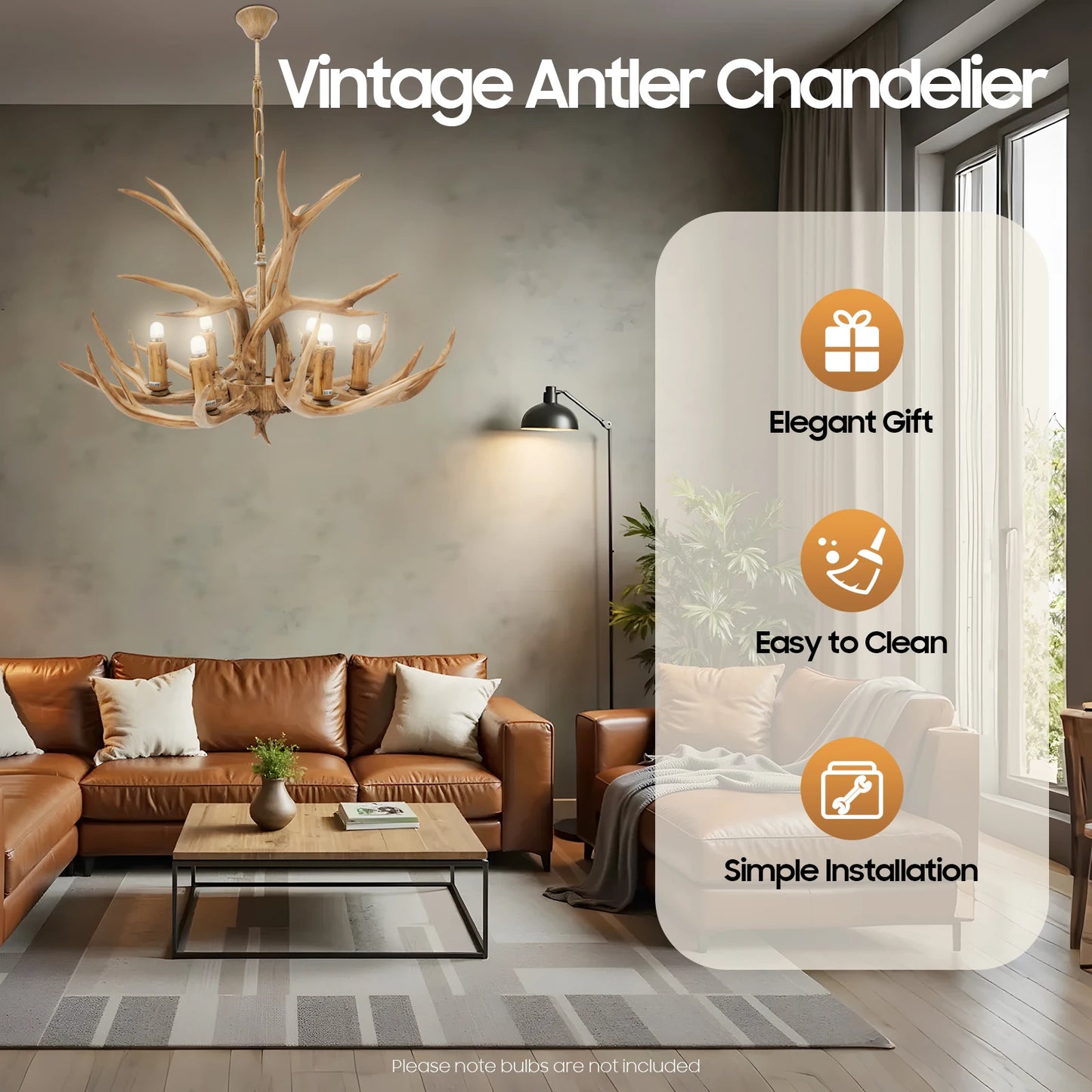 Retro Deer Antler Wood And Resin Six Light Ceiling Lamp