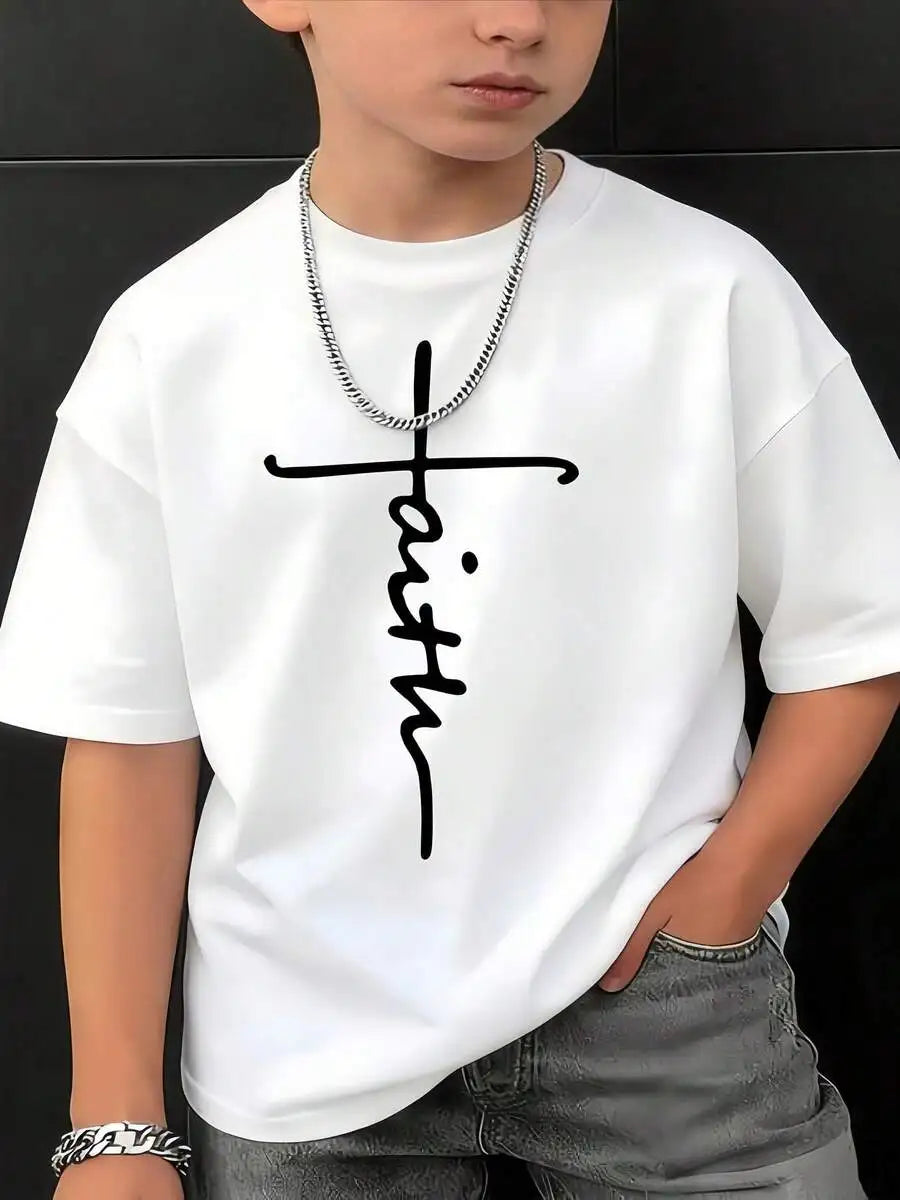 Youth Faith Cross Printed Cotton Crew Neck Casual T Shirt