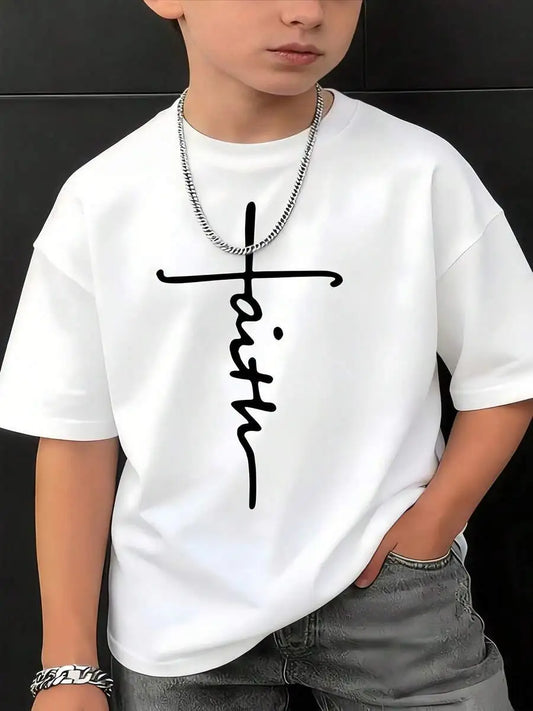 Youth Faith Cross Printed Cotton Crew Neck Casual T Shirt