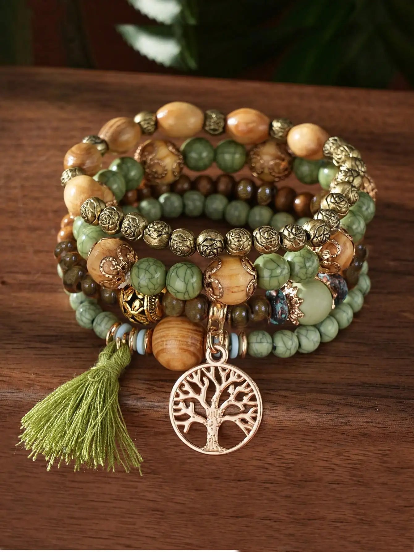 Boho Life Tree Tassel Pendant Multi Layer Wooden Beads Bracelet