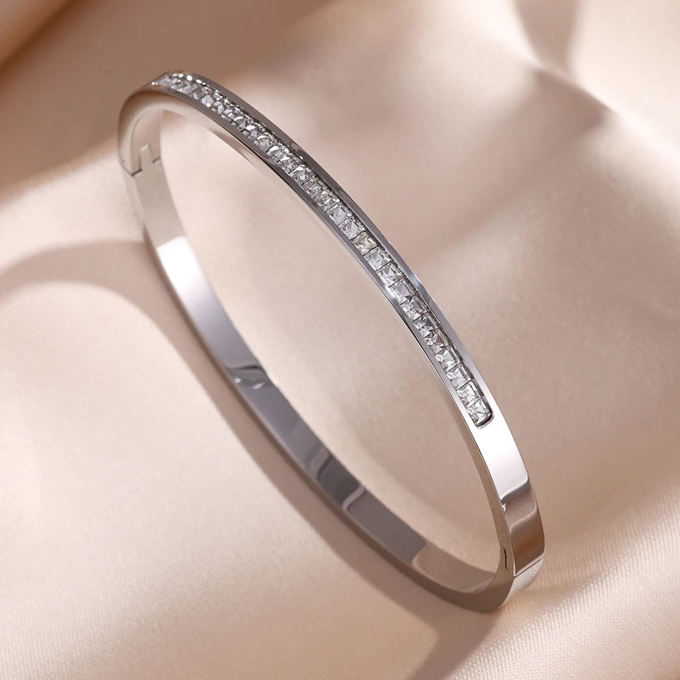 Sparkling Zirconia Stainless Steel Stackable Bracelet Set For Women