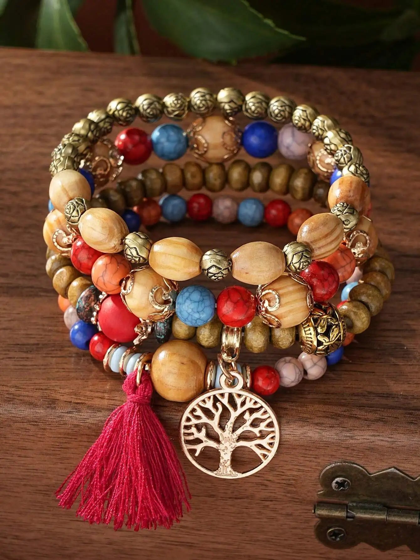 Boho Life Tree Tassel Pendant Multi Layer Wooden Beads Bracelet