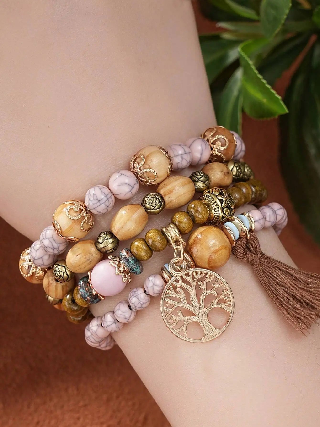 Boho Life Tree Tassel Pendant Multi Layer Wooden Beads Bracelet