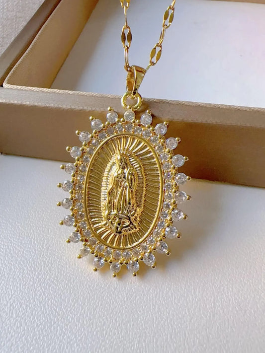 Virgin Mary Pendant Necklace With Sparkling Cubic Zirconia Faith Design