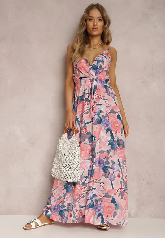 Women Watercolor Floral Print V Neck Spaghetti Strap Maxi Sundress