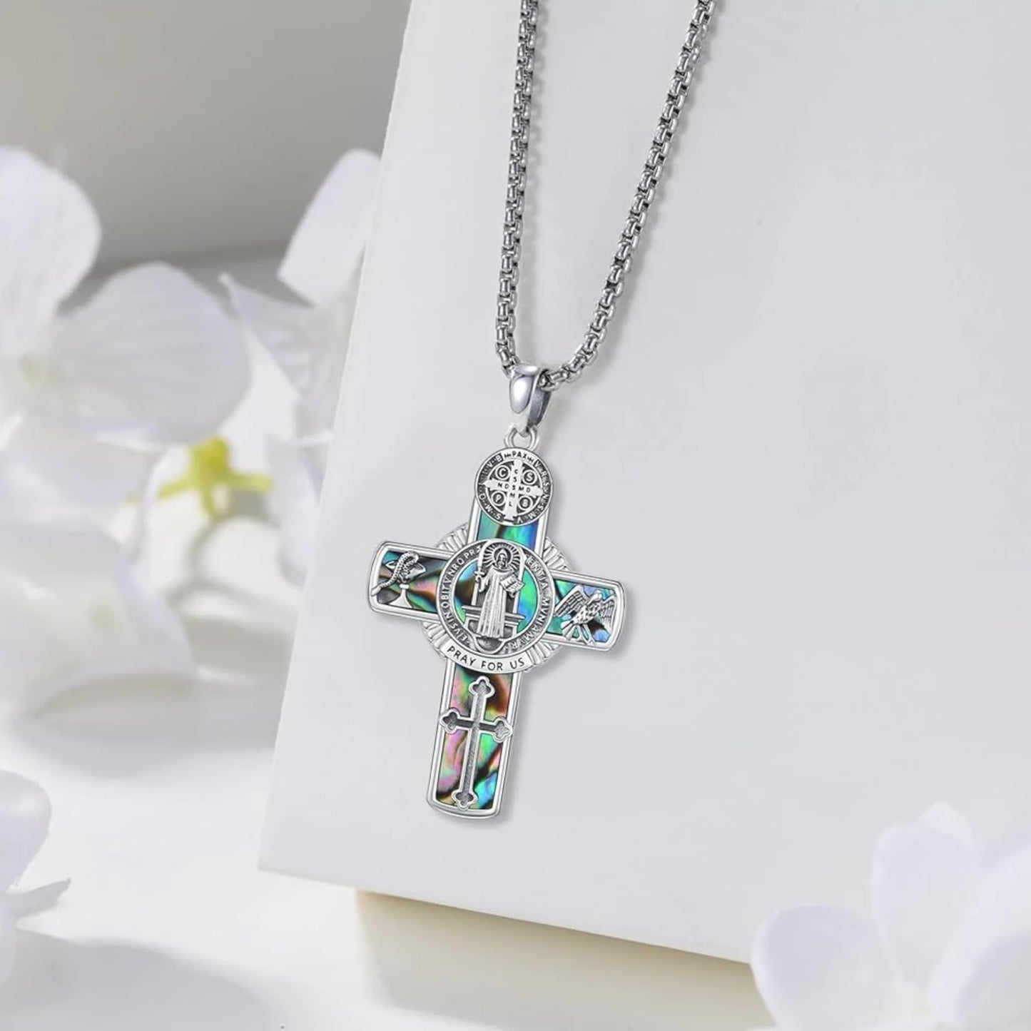 Drinsper Saint Benedict Crucifix Necklace 925 Sterling Silver Unisex Amulet