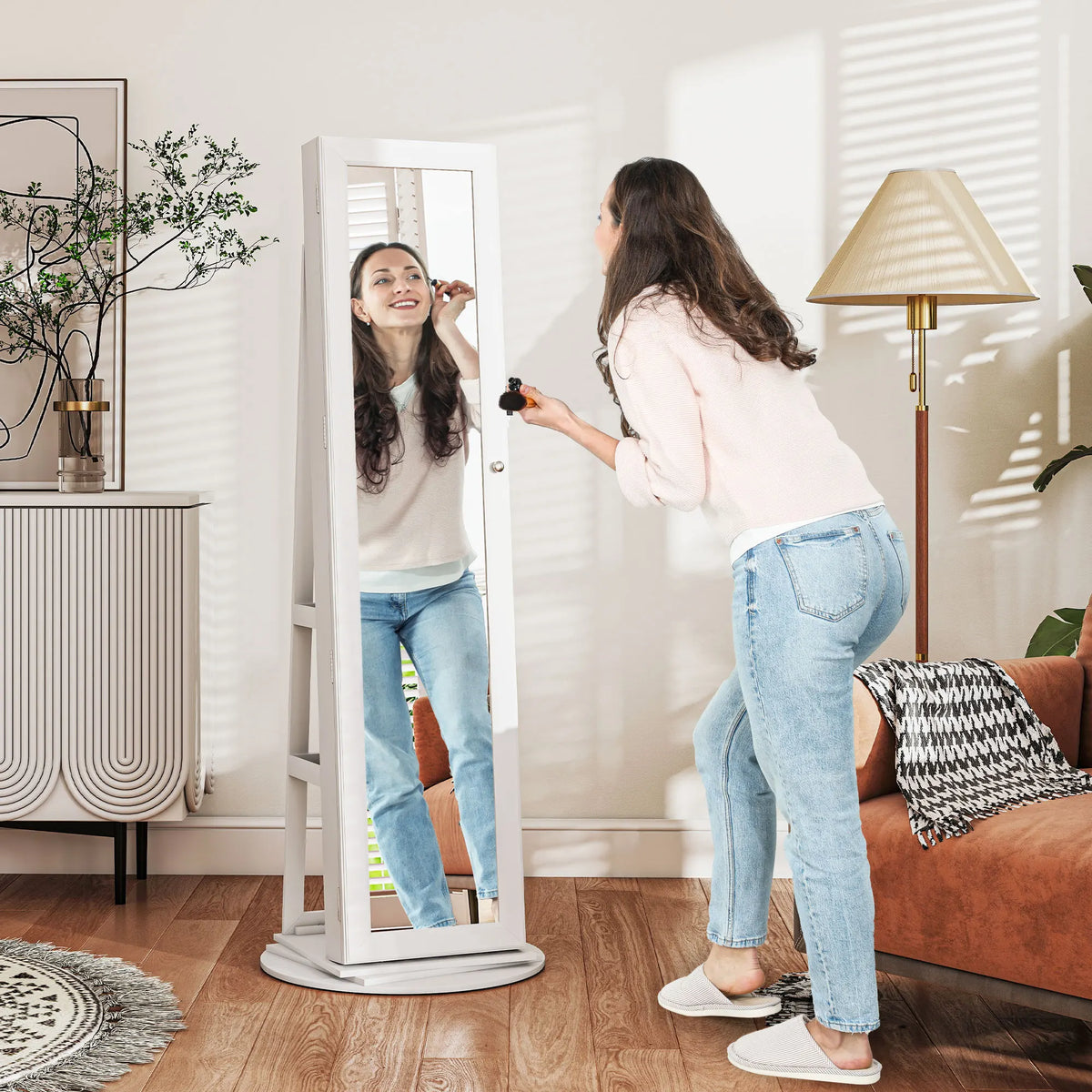 HOMCOM Swivel Jewelry Armoire With Full Length Mirror And Storage